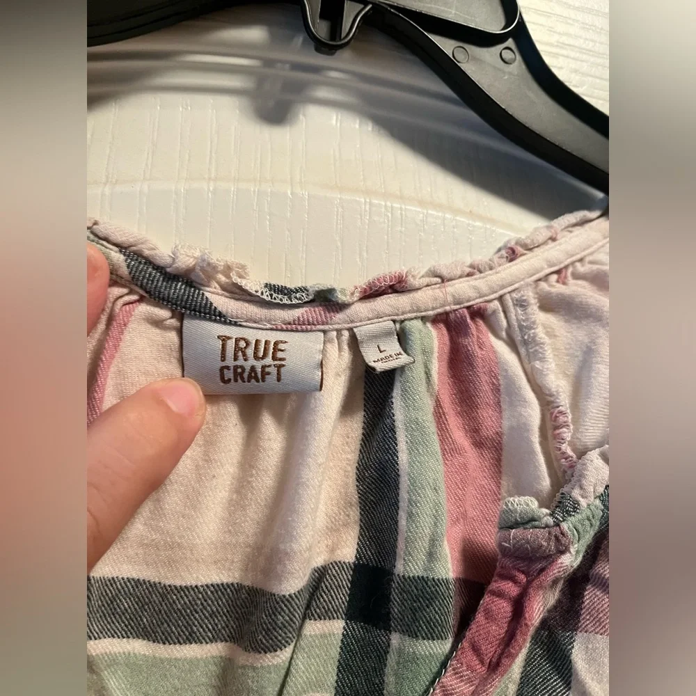 True Craft Pink and Green Plaid Blouse with distressed edging. - Picture 3 of 7